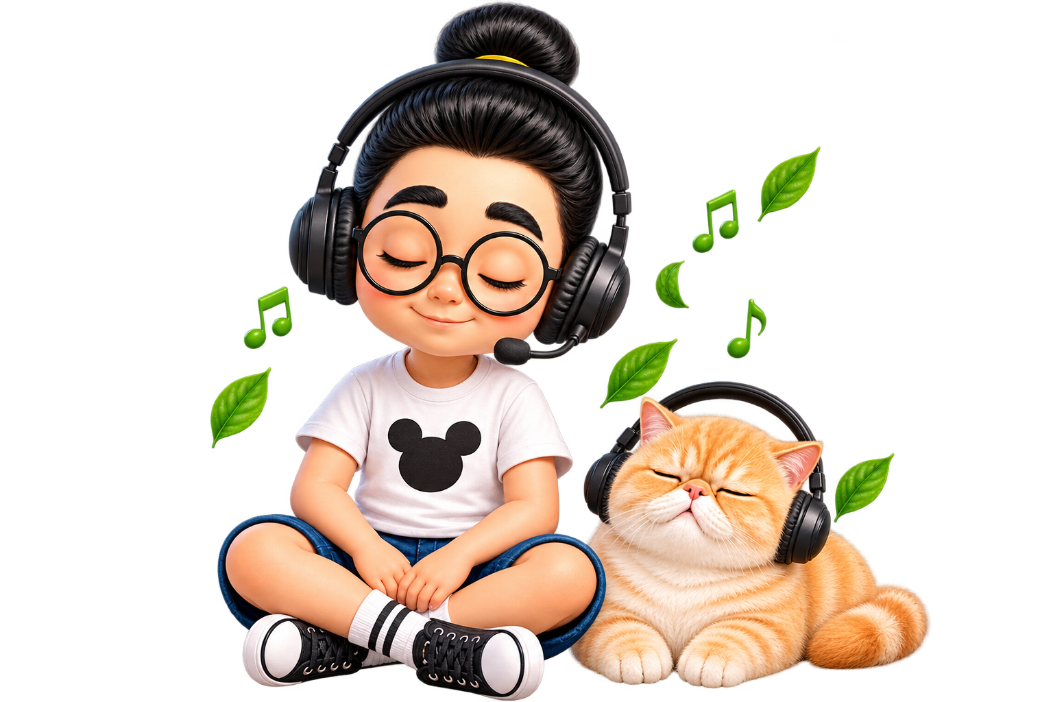 Bunbun dan kucing sedang mendengarkan Dhamma dengan headset