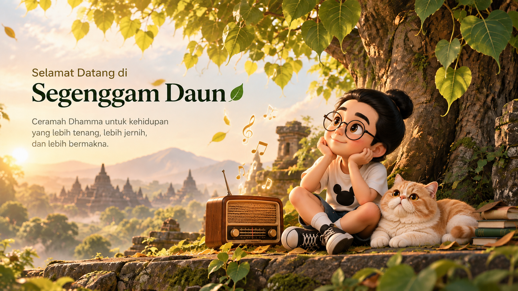 Bunbun duduk di bawah pohon bersama Aces dan radio kuno, dengan suasana hangat hijau-keemasan.
